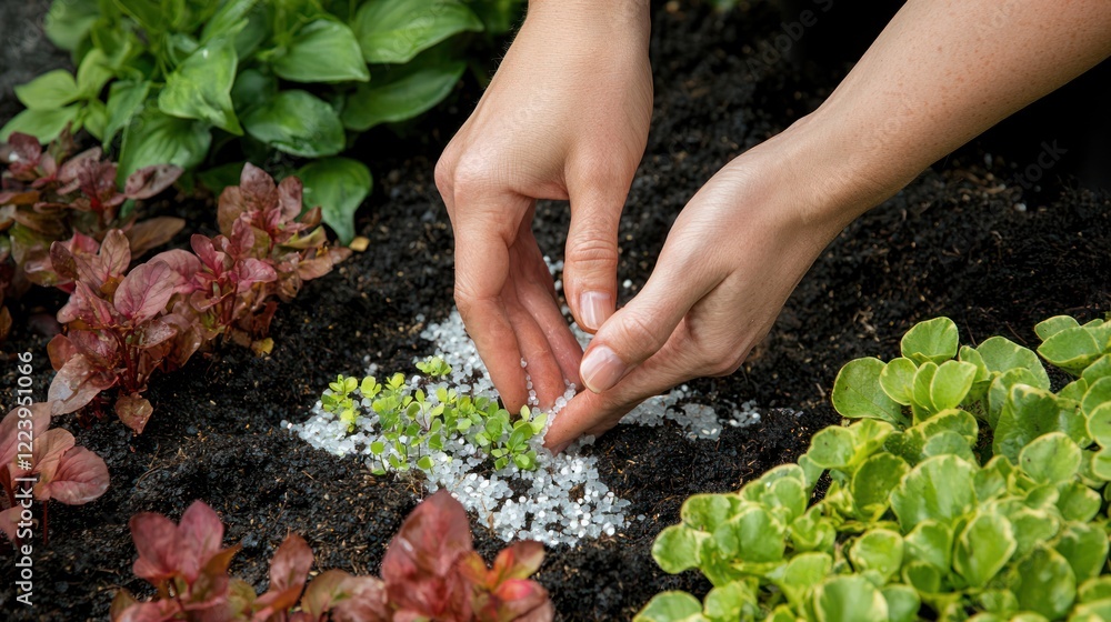 Hands gently planting seeds in the rich soil of a garden bed