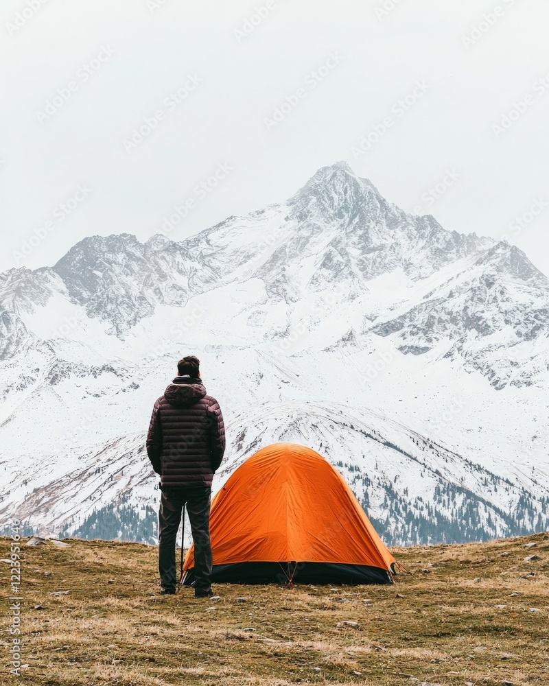 Fototapeta premium Exploring Nature's Beauty: A Solo Adventurer with an Orange Tent Against a Majestic Snowy Mountain View
