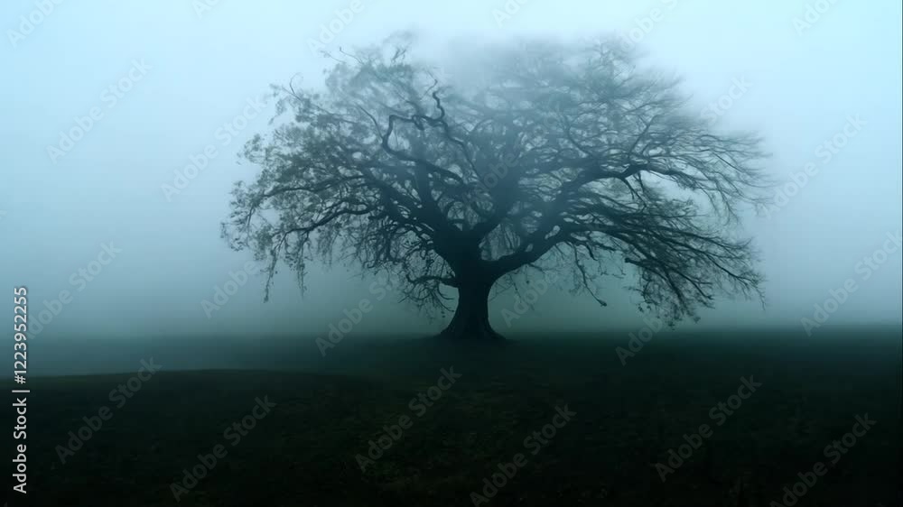 Mystical Lone Tree Amidst Thick Fog in a Serene Landscape Evoking a Sense of Mystery and Calmness in Nature's Embrace Mystical Lone Tree Amidst Thick Fog in a Serene Landscape Evoking a Sense of Mystery and Calmness in Nature's Embrace