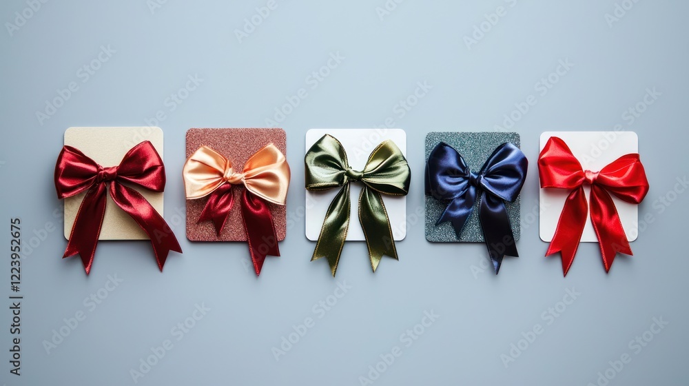 Several gift cards arranged neatly with festive ribbons and bows