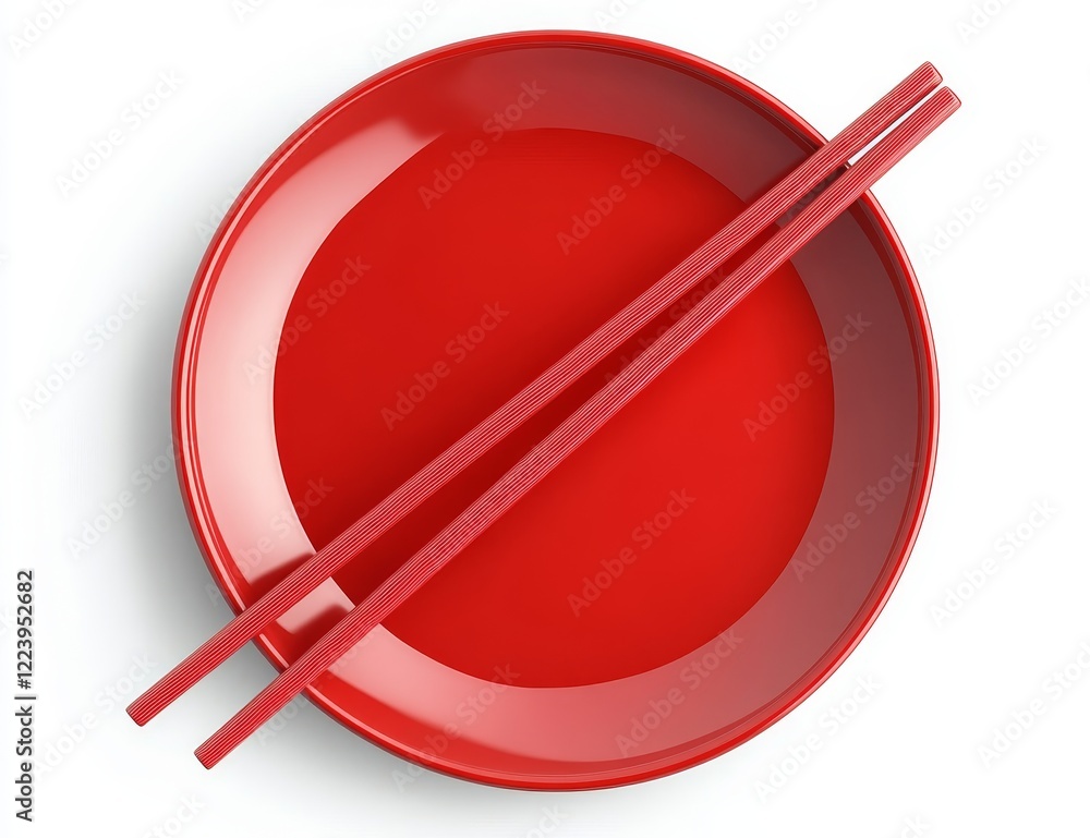 Red plate with chopsticks overhead. (1)
