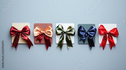Several gift cards arranged neatly with festive ribbons and bows