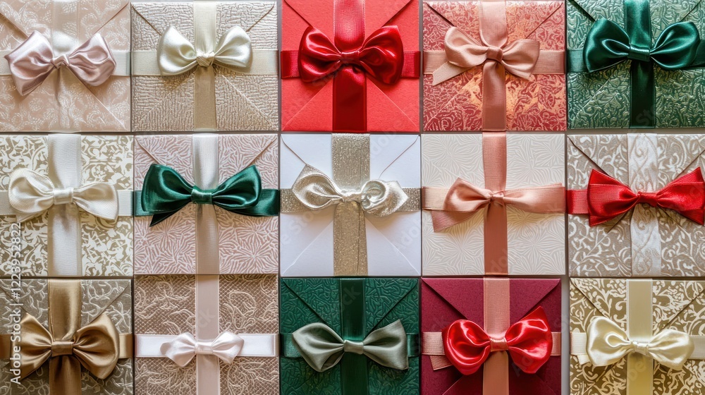 Several gift cards arranged neatly with festive ribbons and bows
