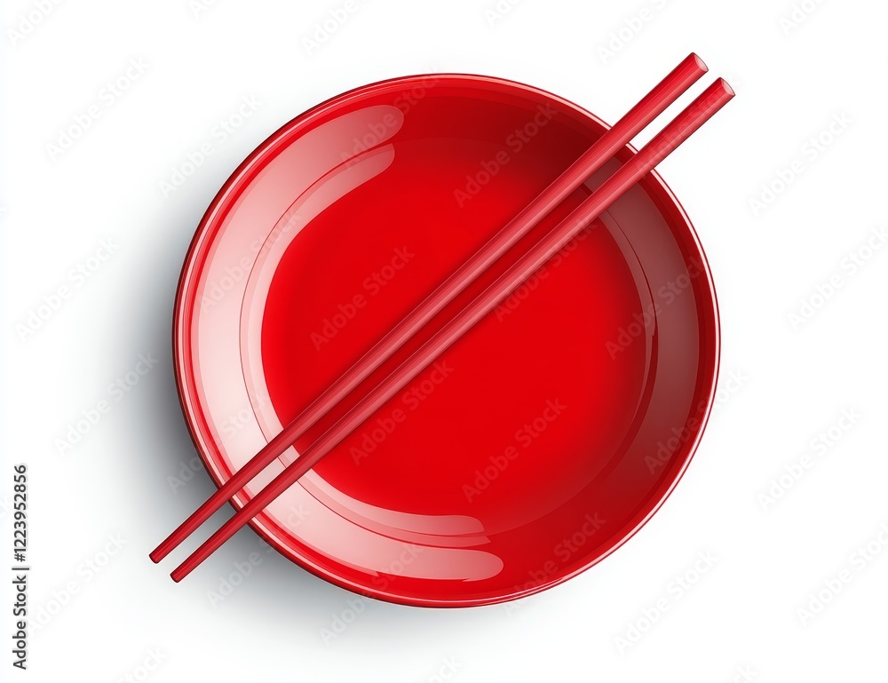 Red bowl and chopsticks on white background. (4) Red bowl and chopsticks on white background. (4)
