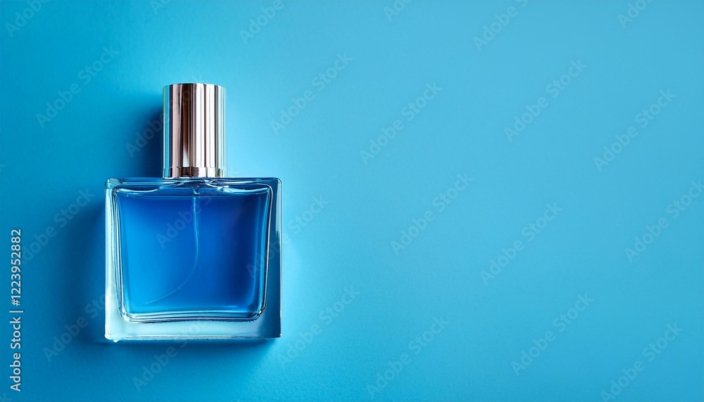 Top View of Elegant Blank Perfume Bottle Mockup with Blue Liquid in a Cool Temperature. Perfume with Blue Background and Natural Daylight. Top View of Elegant Blank Perfume Bottle Mockup with Blue Liquid in a Cool Temperature. Perfume with Blue Background and Natural Daylight.