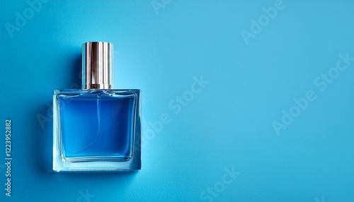 Top View of Elegant Blank Perfume Bottle Mockup with Blue Liquid in a Cool Temperature. Perfume with Blue Background and Natural Daylight.