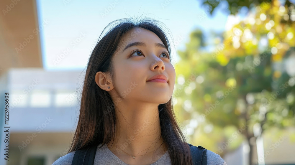 young woman gazes upward with serene expression, surrounded by greenery and soft sunlight. Her thoughtful demeanor reflects moment of contemplation and tranquility young woman gazes upward with serene expression, surrounded by greenery and soft sunlight. Her thoughtful demeanor reflects moment of contemplation and tranquility