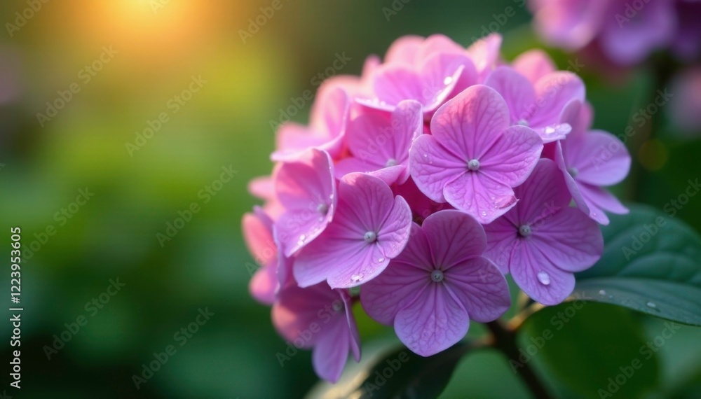 Soft pink purple petals of hydrangea bloom in morning dew, garden flowers, hydrangea blooms Soft pink purple petals of hydrangea bloom in morning dew, garden flowers, hydrangea blooms