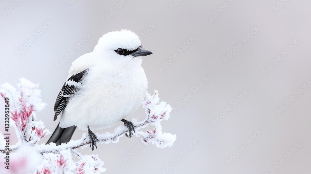 Obraz premium Snowy bird perched on frosty branch, winter scene, nature photography, ideal for calendars