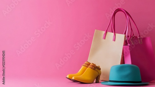 Colorful handbags, purse, shoes, and hat on pink background - stylish women's fashion accessories for shopping photo