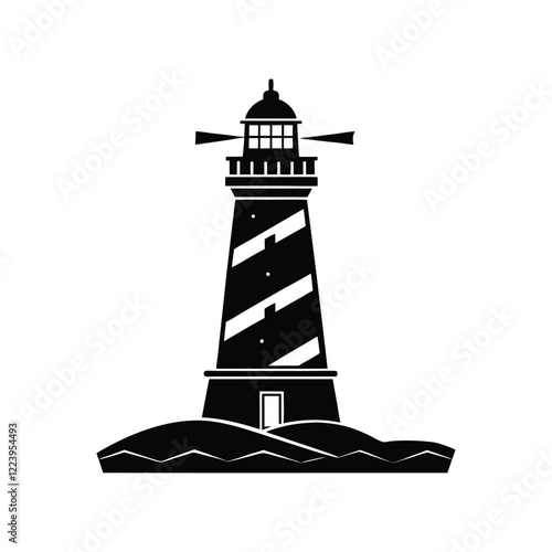 Flat lighthouse silhouette vector illustration icon for nautical designs, maritime logos, harbor symbols, seaside beacons, coastal navigation tools, and ocean-related lighthouse graphic designs