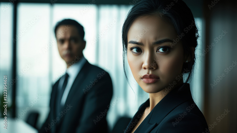tense corporate meeting scene featuring focused woman in suit, with man in background. atmosphere is serious and dramatic, highlighting intensity of moment tense corporate meeting scene featuring focused woman in suit, with man in background. atmosphere is serious and dramatic, highlighting intensity of moment