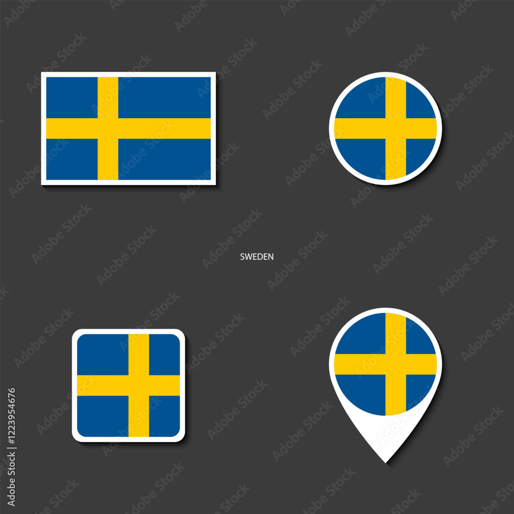 Sweden flag icon set in different shape (rectangle, circle, square and marker icon) on dark grey background. Sweden sticker icon collection on barely dark background	
