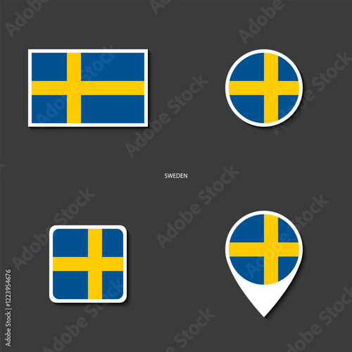 Sweden flag icon set in different shape (rectangle, circle, square and marker icon) on dark grey background. Sweden sticker icon collection on barely dark background	
