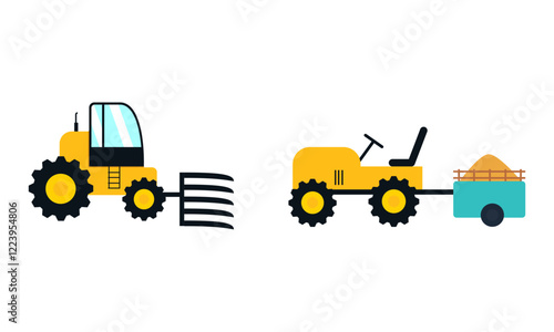 Agricultural and farming machinery and equipment on field vector set