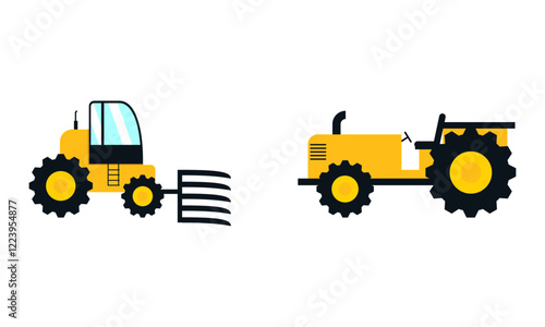 Agricultural and farming machinery and equipment on field vector set