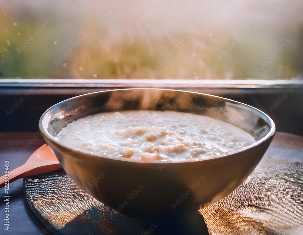 Steaming Porridge in Bowl near Window Steaming Porridge in Bowl near Window