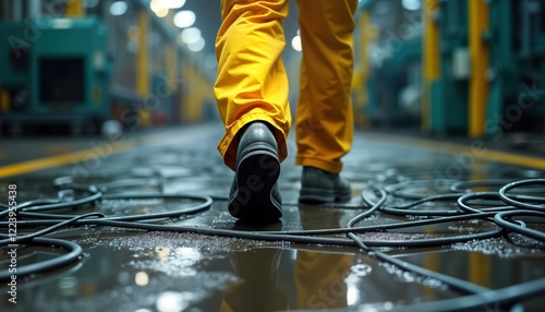 Worker in yellow uniform walks over wet factory floor cluttered with scattered cables. Unsafe conditions create tripping hazard. Industrial workplace safety risk. Maintenance needed. Potential