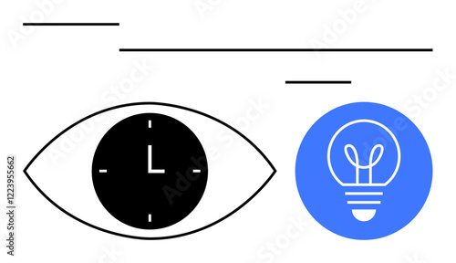Eye with clock, blue lightbulb, and sleek minimalist lines signify time management, creativity, and strategy. Ideal for innovation, productivity, vision, planning focus workflow abstract line flat