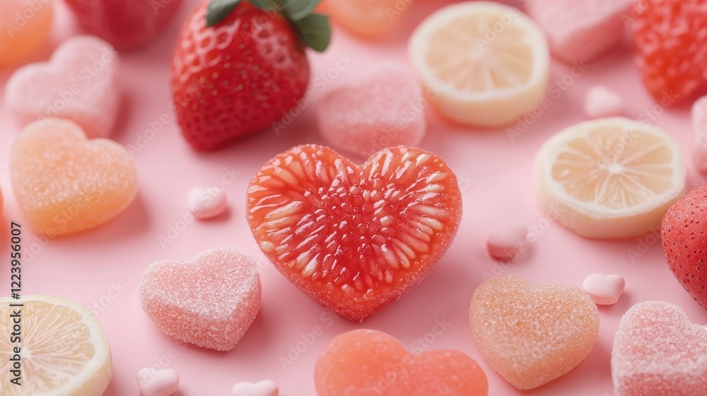 Heart Shaped Strawberry and Lemon Candy on Pink Background Heart Shaped Strawberry and Lemon Candy on Pink Background