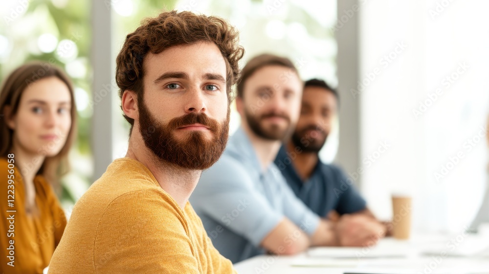 A group of diverse individuals engaged in discussion, with a focus on a man with a beard in a bright, modern setting. A group of diverse individuals engaged in discussion, with a focus on a man with a beard in a bright, modern setting.