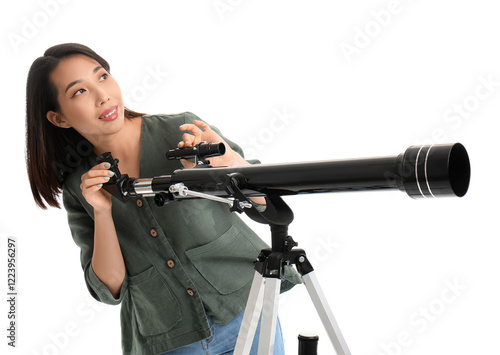 Young Asian woman with tele...