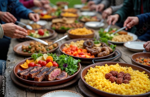 Wallpaper Mural Group of people enjoy homemade Romanian food outdoors. Traditional Moldavian meal with grilled meat polenta, vegetables. Large communal table set up for family gathering. Grilled meats, polenta, Torontodigital.ca