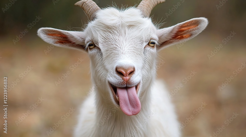 Playful goat sticking tongue out in autumn forest Playful goat sticking tongue out in autumn forest