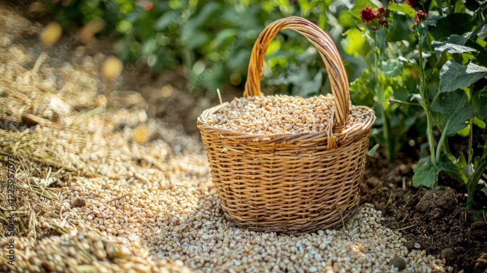 A basket filled with freshly harvested grains resting on the ground in a rural farm.