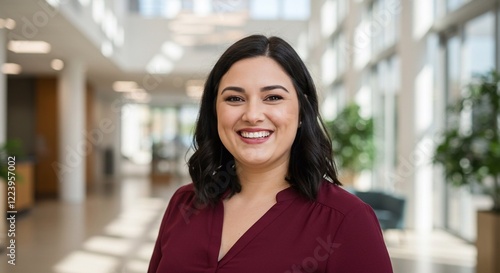 Free Download a portrait of a woman standing in an office lobby. - GFXLoad