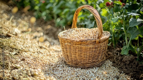 Obraz na płótnie A basket filled with freshly harvested grains resting on the ground in a rural farm.