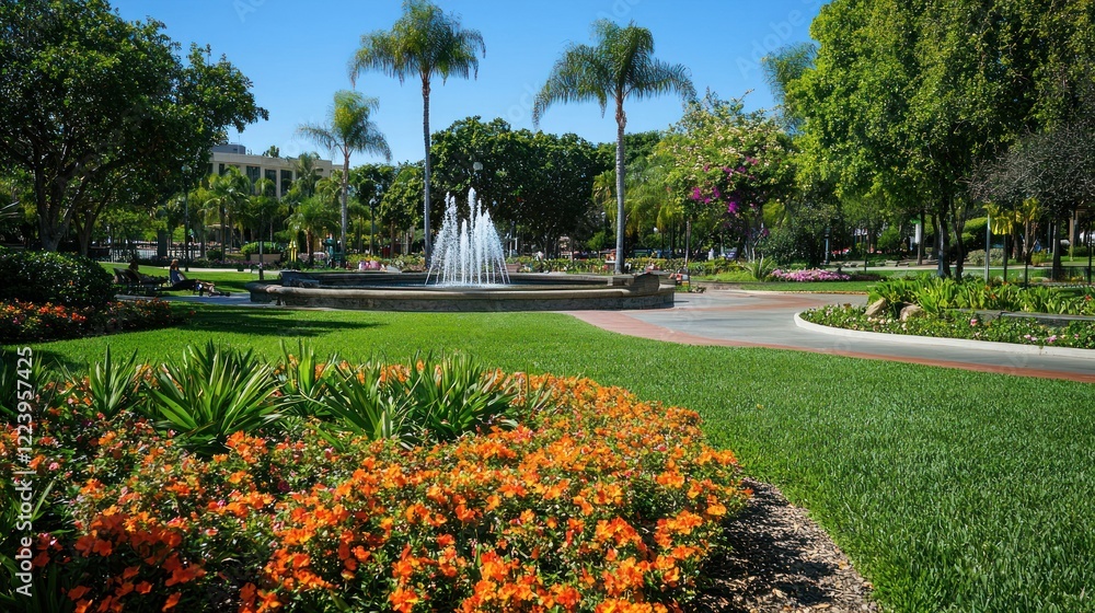 A beautiful city park with well-maintained grass, fountains, and blooming plants.