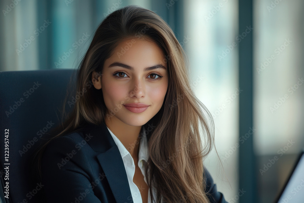 confident female professional in modern office setting, showcasing warm smile and long hair. image captures sense of ambition and professionalism confident female professional in modern office setting, showcasing warm smile and long hair. image captures sense of ambition and professionalism