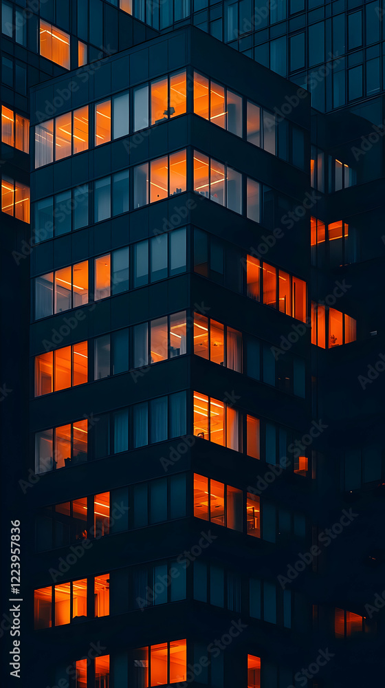 Obraz premium City night building, illuminated windows, urban scene, architecture