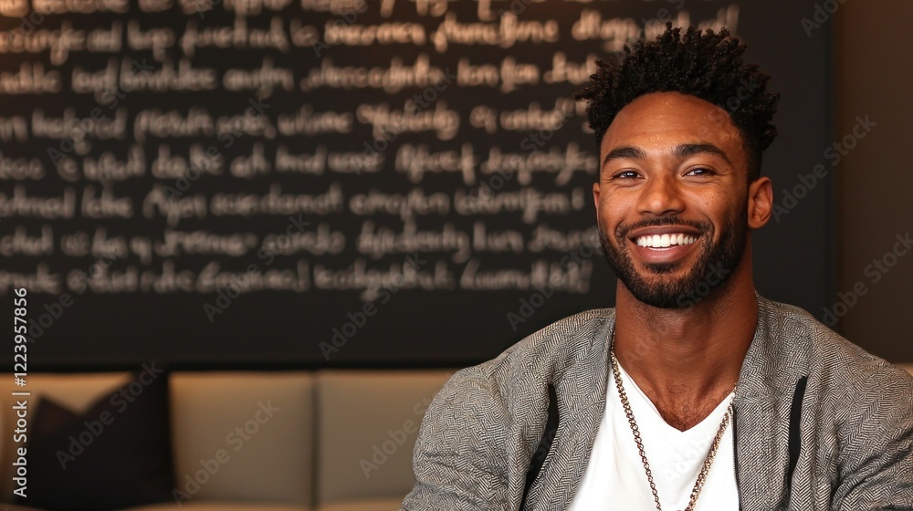 Smiling man portrait, office lobby, chalkboard background, professional headshot Smiling man portrait, office lobby, chalkboard background, professional headshot