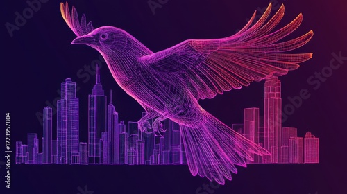 Neon Illustration of an AI Crow with Mechanical Wings Gliding Over a High-Contrast Urban City Silhouette in Vibrant Colors and Glitch Art Style