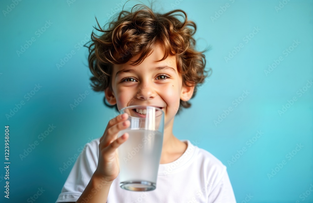 Adorable little boy enjoys drinking water from glass. Curly brown hair, cheerful expression. Dressed in white t-shirt against vibrant blue background. Healthy lifestyle evident. Happy child drinking Adorable little boy enjoys drinking water from glass. Curly brown hair, cheerful expression. Dressed in white t-shirt against vibrant blue background. Healthy lifestyle evident. Happy child drinking