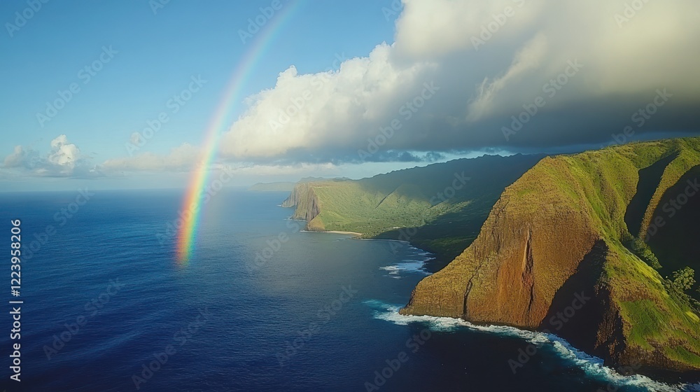 Fototapeta premium Aerial view of a dramatic coastline with a vibrant rainbow over the ocean.