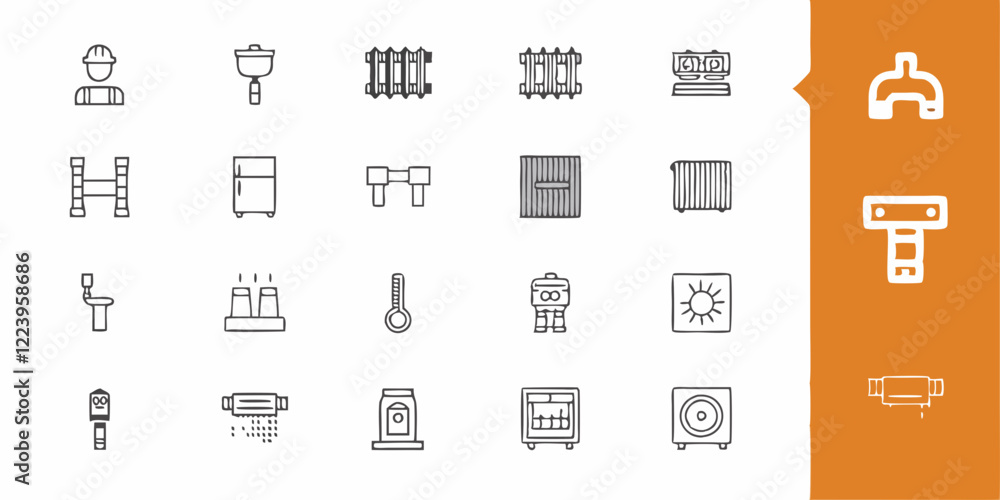 Plumbing and heating icons, line art, minimalist design Plumbing and heating icons, line art, minimalist design