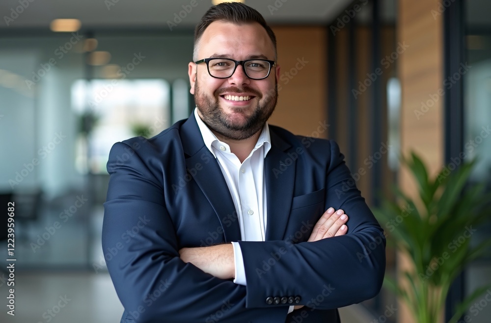 Confident professional wearing glasses and smiling with arms crossed in an office setting, showcasing professional success and approachable demeanor Confident professional wearing glasses and smiling with arms crossed in an office setting, showcasing professional success and approachable demeanor