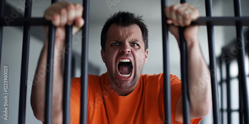 Frustrated prisoner gripping jail cell bars photo