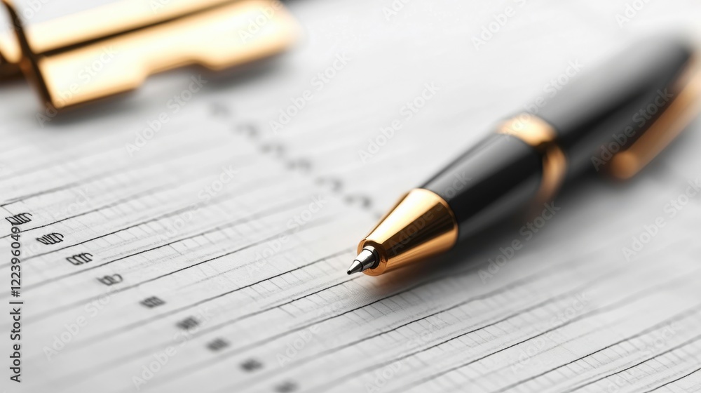 Elegant Black Pen Resting on Financial Document with Graph Lines for Business and Finance Themes Elegant Black Pen Resting on Financial Document with Graph Lines for Business and Finance Themes