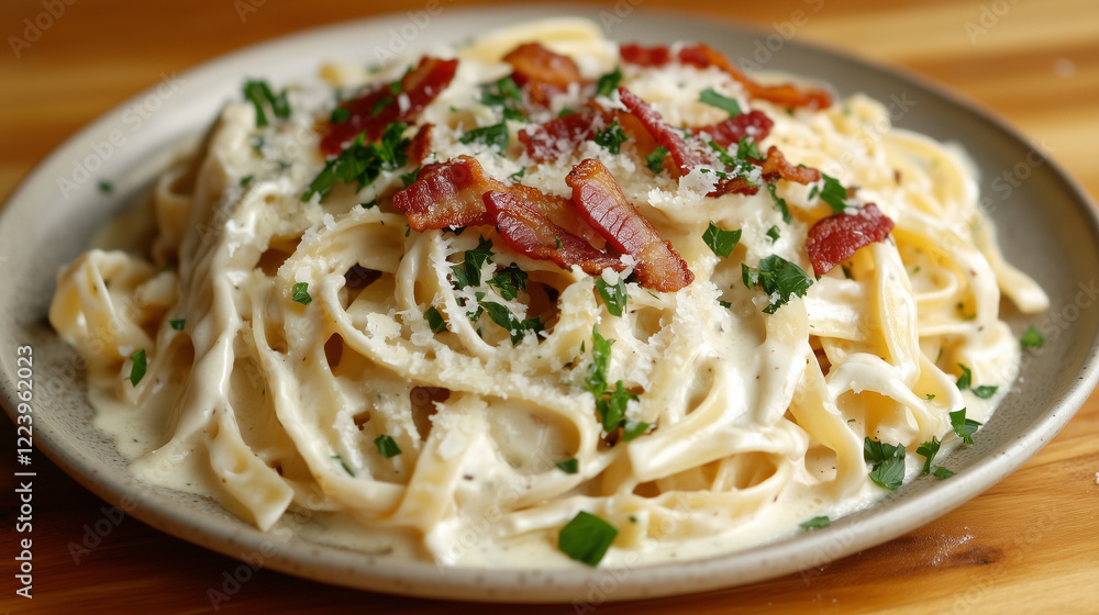 Close-up of a plate of creamy fettuccine alfredo garnished with crispy bacon, fresh parsley, and a sprinkle of parmesan Close-up of a plate of creamy fettuccine alfredo garnished with crispy bacon, fresh parsley, and a sprinkle of parmesan