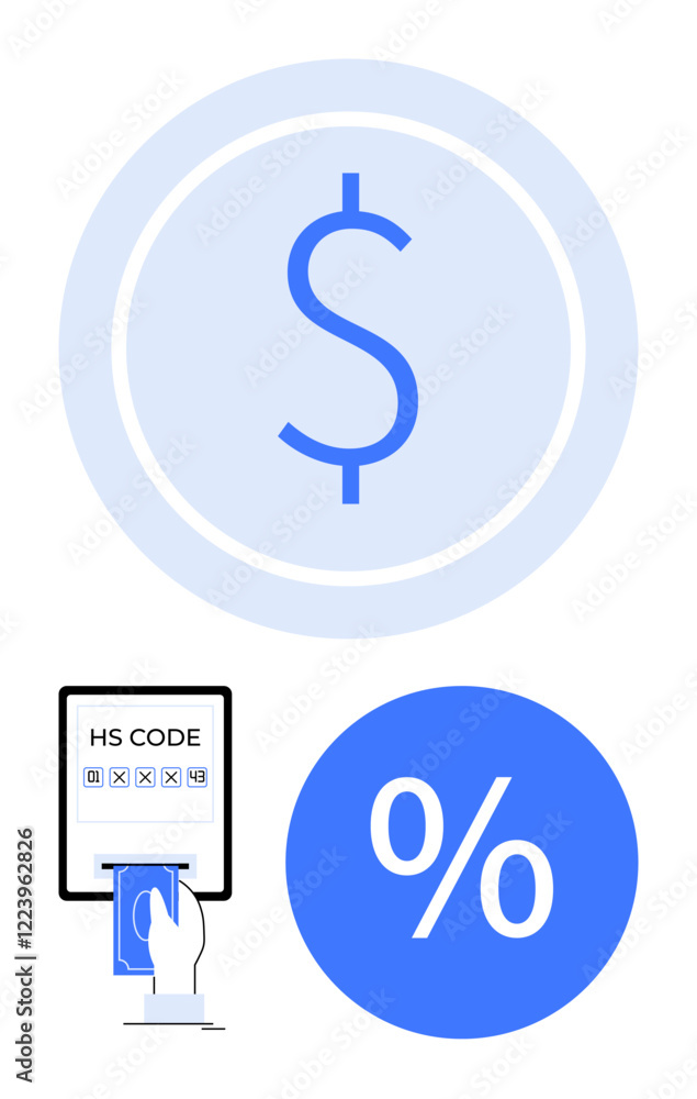 Dollar sign in large circle, HS code input screen with card, percentage symbol. Ideal for finance, trade, pricing, taxation, banking e-commerce data entry. Blue and white abstract line flat Dollar sign in large circle, HS code input screen with card, percentage symbol. Ideal for finance, trade, pricing, taxation, banking e-commerce data entry. Blue and white abstract line flat