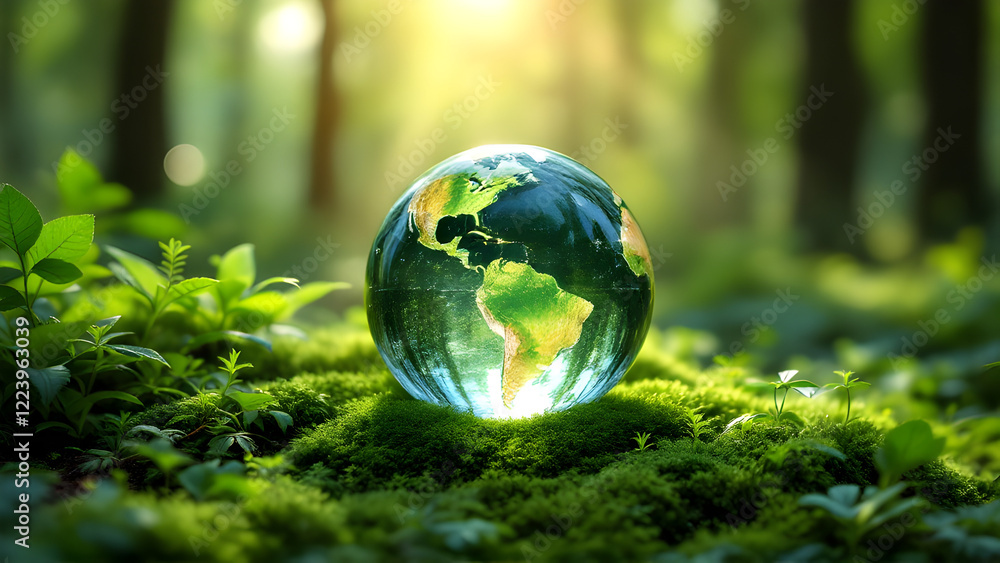 Green globe on moss in forest, environmental concept, earth day, save trees, forest day, global warming. Green globe on moss in forest, environmental concept, earth day, save trees, forest day, global warming.