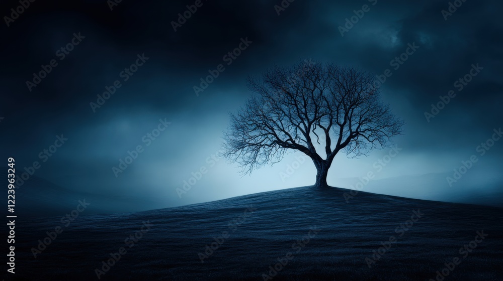 Fototapeta premium Silhouetted Lone Tree Against Mysterious Dark Sky with Soft Mist and Dramatic Clouds in Serene Landscape