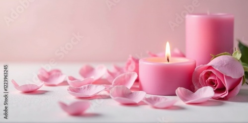 Fototapeta Naklejka Na Ścianę i Meble -  Soft pink rose petals scattered on a white surface, relaxation, pink candle, mindfulness