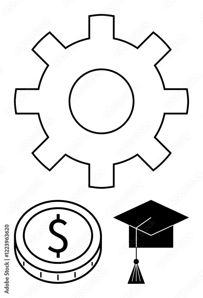 Gear cog for industrial processes, dollar coin for financial growth, and graduation cap for academic achievement. Ideal for industry, finance, education, innovation, progress, strategy abstract line Gear cog for industrial processes, dollar coin for financial growth, and graduation cap for academic achievement. Ideal for industry, finance, education, innovation, progress, strategy abstract line