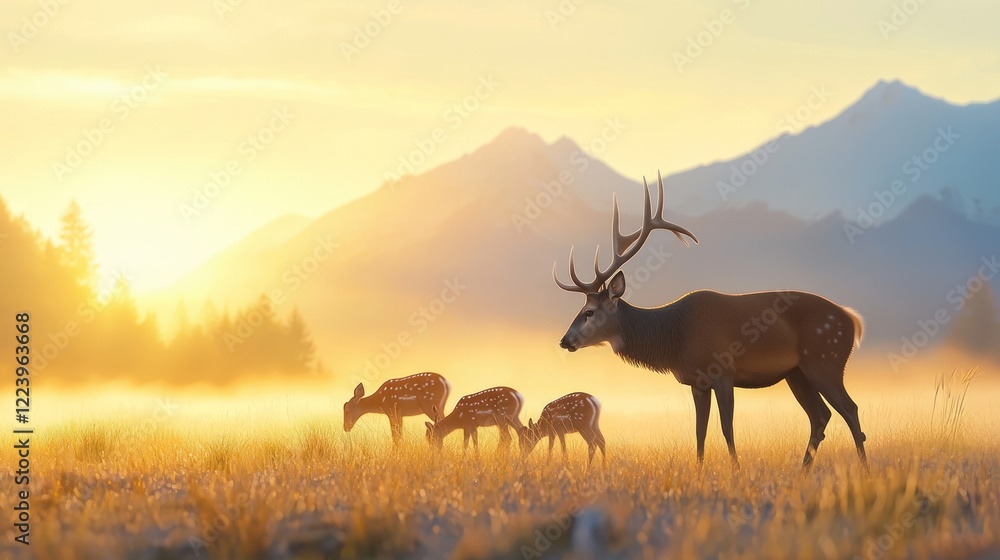 Fototapeta premium Majestic Deer in Sunrise Meadow
