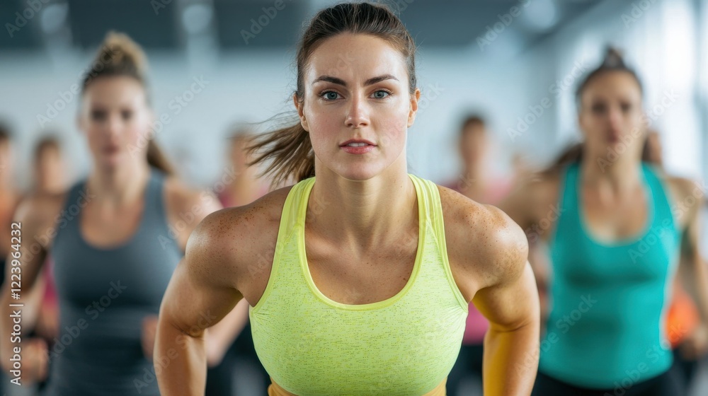 Energetic Athletic Woman Leading Group Workout in Modern Gym Environment with Focused Expression Energetic Athletic Woman Leading Group Workout in Modern Gym Environment with Focused Expression